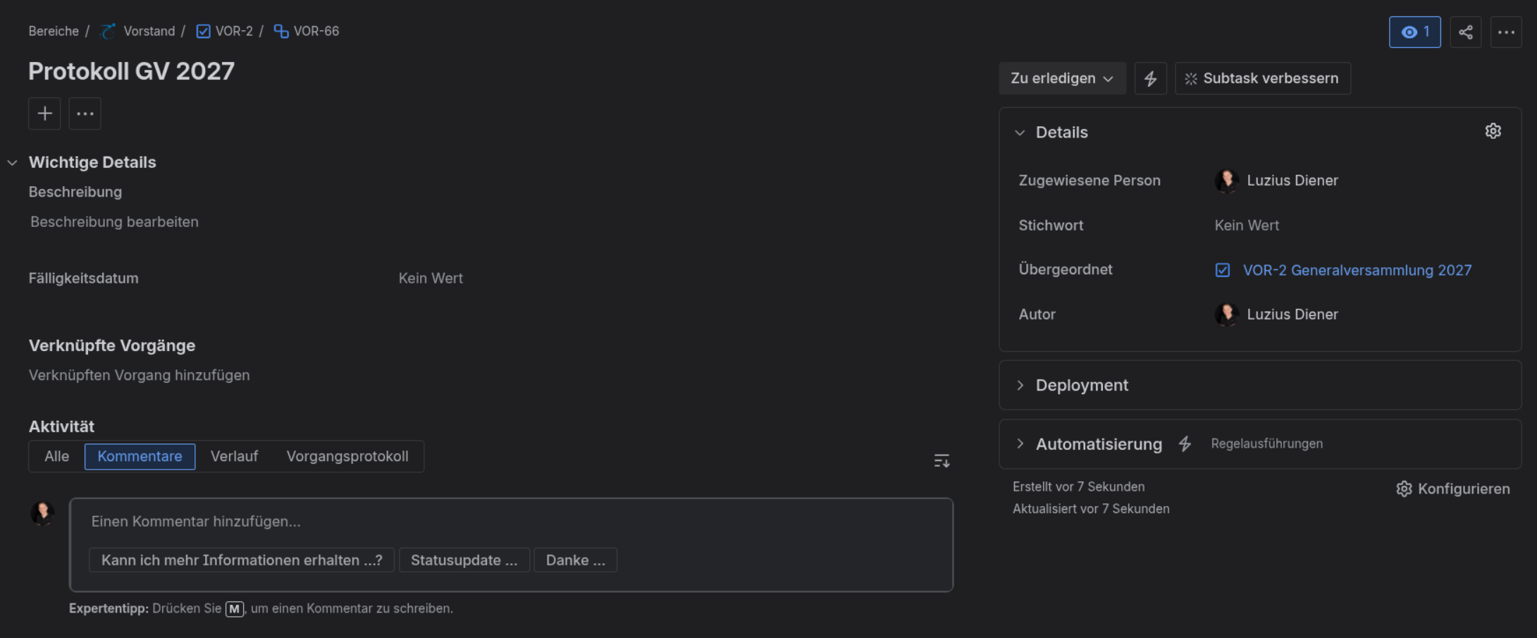 Status-Dropdown mit IN ARBEIT und FERTIG