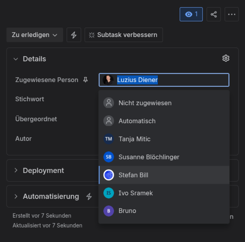 Zuweisen-Dropdown mit Vorstandsmitgliedern