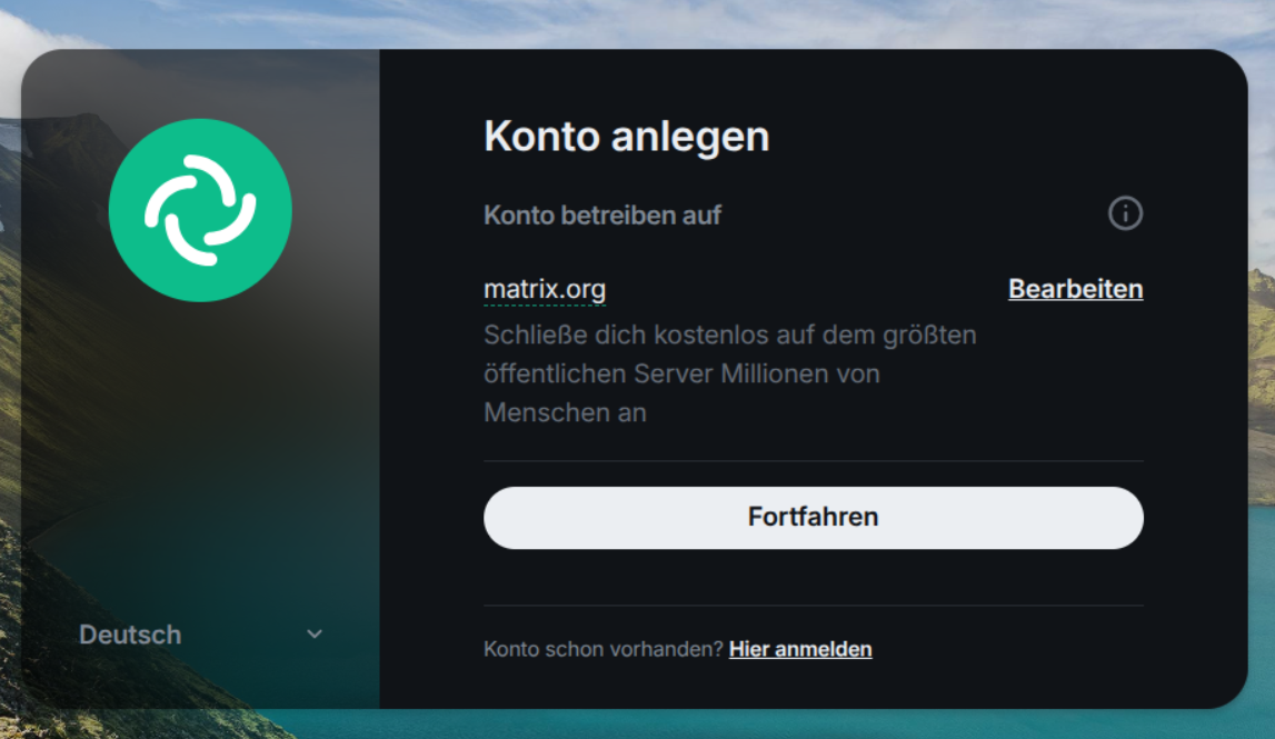 Element Startbildschirm mit matrix.org als Heimserver
