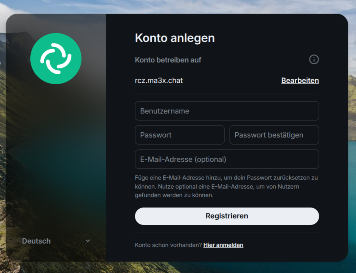 Registrierungsformular auf rcz.ma3x.chat