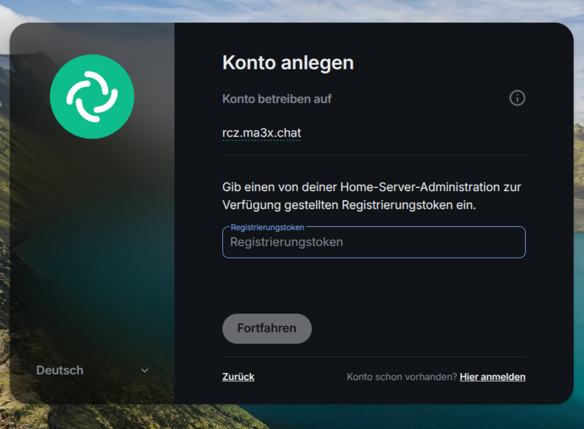 Eingabe des Registrierungstokens