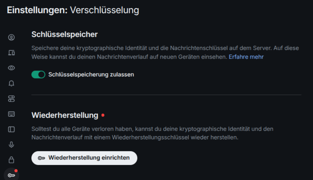 Verschlüsselungseinstellungen mit Wiederherstellungs-Button